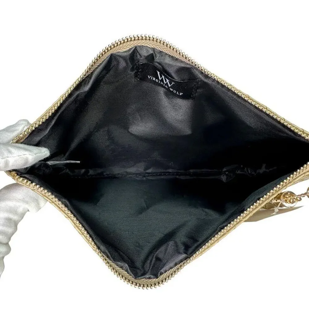 Virginia Wolf Leather Metallic Gold Woven Clutch Cosmetic Bag NWT